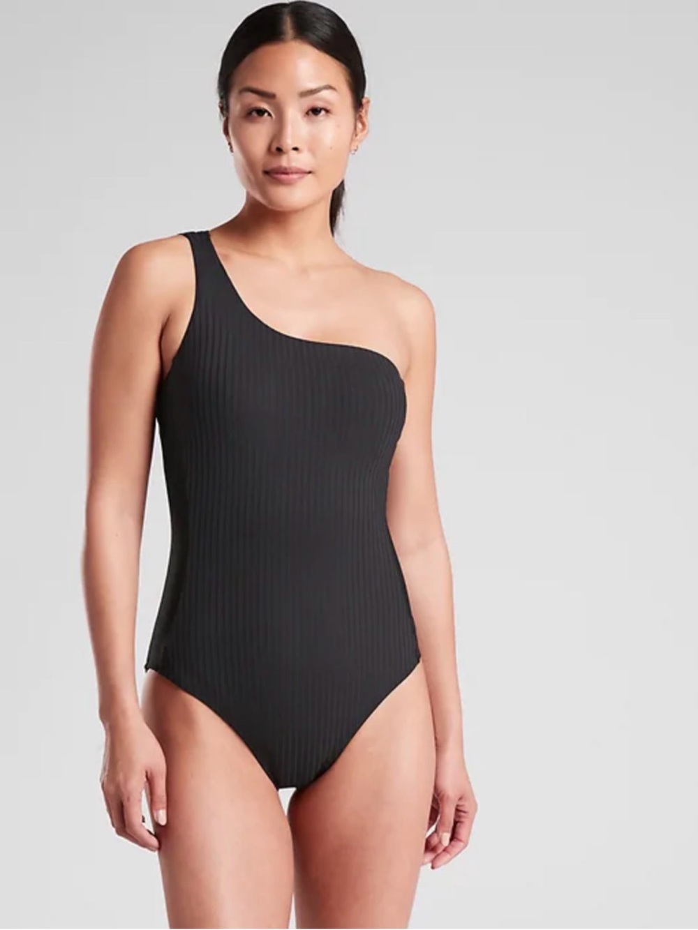 Athleta Black Asym Ribbed One-Shoulder Ribbed One-Piece Swimsuit